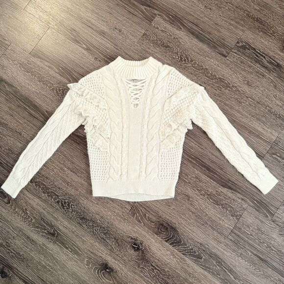 Torn by Ronny Kobo Sweaters - Torn by Ronny Kobo Cream Ivory Paige Ruffle Lace Up Rib Knit Sweater